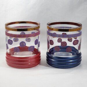 Vintage Swirl Pattern Glass Tumbler Colorful Retro Red Blue Vtg 90s 2pc Set 10oz